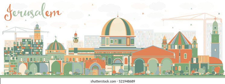 Abstract Jerusalem Skyline with Color Buildings. Vector Illustration. Business Travel and Tourism Concept with Historic Architecture. Image for Presentation Banner Placard and Web Site.