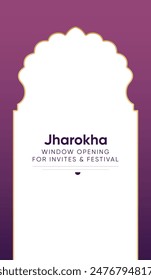 Abstract jharokha Islamic Label Frame islamic building arch architecture invite festival greeting wedding diwali. Royal purple gradient with gold emblem window opening gate. Copy space for text middle