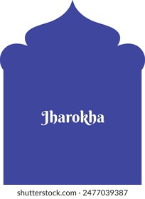 Abstract jharokha Islamic tomb Frame islamic building arch architecture invite festival greeting wedding diwali. Royal blue round point with white fill emblem window opening gate. Copy space for text