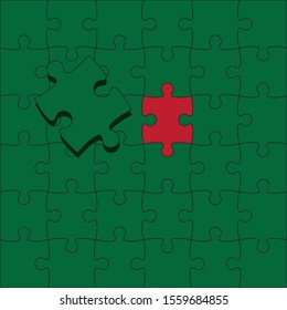 Abstract jigsaw green group just one red colour.