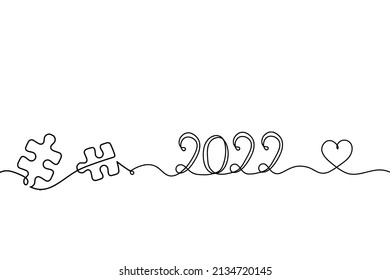 Abstract jigsaw puzzle with 2022 as line drawing on white background. Vector