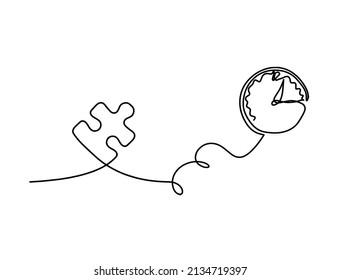 Abstract jigsaw puzzle with clock as line drawing on white background. Vector