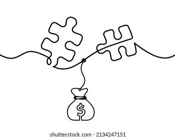 Abstract jigsaw puzzle with dollar as line drawing on white background. Vector