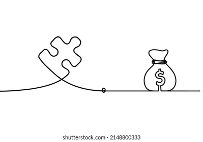 Abstract jigsaw puzzle with dollar as line drawing on white background