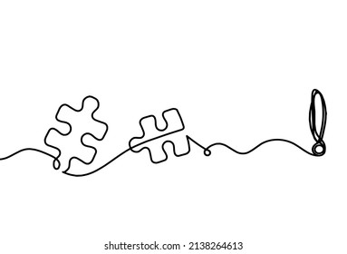 Abstract jigsaw puzzle with exclamation mark as line drawing on white background. Vector