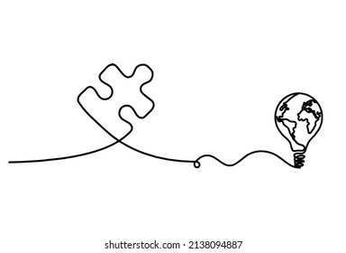 Abstract jigsaw puzzle with globe light bulb as line drawing on white background. Vector