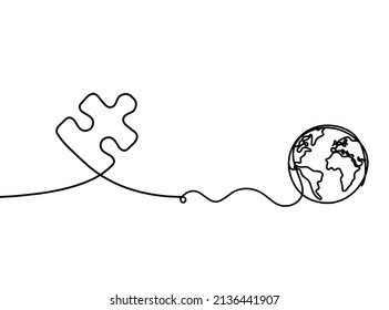 Abstract jigsaw puzzle with globe as line drawing on white background. Vector
