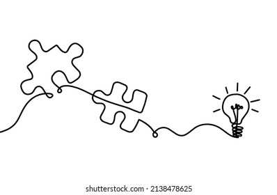 Abstract jigsaw puzzle with light bulb as line drawing on white background. Vector
