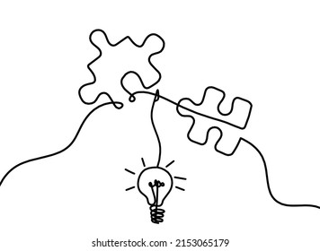 Abstract jigsaw puzzle with light bulb as line drawing on white background