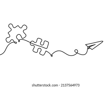 Abstract jigsaw puzzle with  paper plane as line drawing on white background. Vector