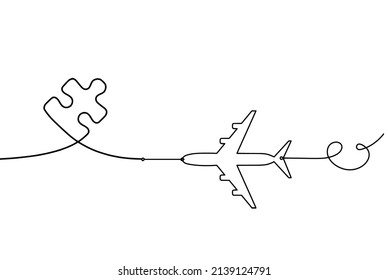 Abstract jigsaw puzzle with plane as line drawing on white background. Vector