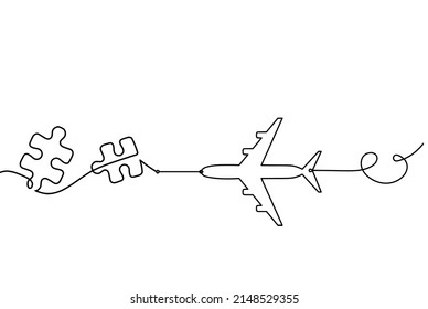 Abstract jigsaw puzzle with plane as line drawing on white background