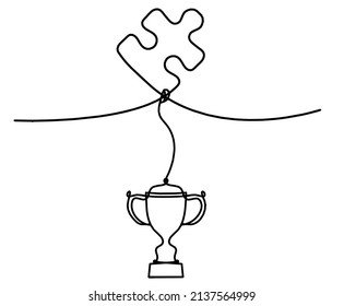Abstract jigsaw puzzle with trophy as line drawing on white background. Vector