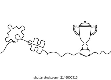 Abstract jigsaw puzzle with trophy as line drawing on white background