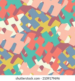 Resumen del patrón de rompecabezas de rompecabezas sin fisuras. Fondo colorido con piezas superpuestas. Colores de fondo textural de color de fondo paintero, rosa, blanco, teal. Repetición de formas lúdicas peinadas redondeadas