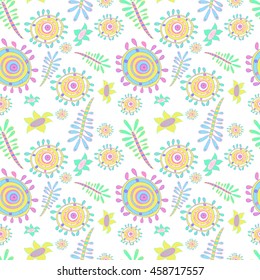 Abstract joy. Seamless vector abstract pattern with striped flowers, circles, petals. Colorful childish style microbe, germs, animals, seaweed, flowers. Romantic elements for wedding or birthday