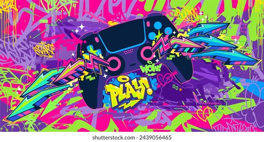 Abstrakter Joystick oder Gamepad Hip Hop Graffiti Street Art Urban Gaming Stil Vektor-Banner