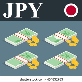 Abstract JPY banknotes and coins. Isometric style