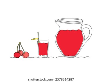 Abstract jug, pitcher for cherry juice and glass with straw, continuous single one line art hand drawing sketch logo