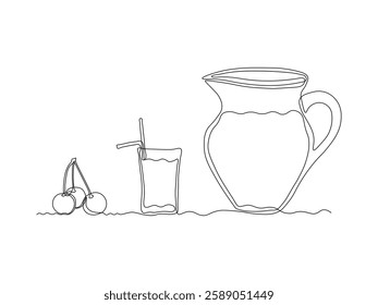 Abstract jug, pitcher for cherry juice and glass with straw, continuous single one line art hand drawing sketch logo