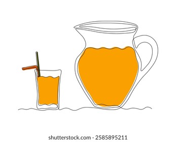 Abstract jug, pitcher for juice and glass with straw, continuous single one line art hand drawing sketch logo