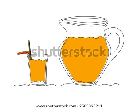 Abstract jug, pitcher for juice and glass with straw, continuous single one line art hand drawing sketch logo