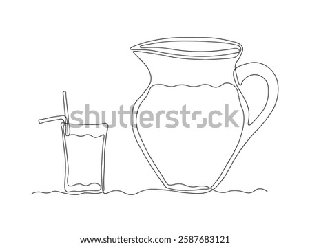 Abstract jug, pitcher for juice and glass with straw, continuous single one line art hand drawing sketch logo