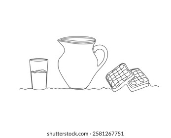 Abstract jug, pitcher for milk, water,juice and Viennese waffles, dessert for breakfast, continuous single one line art hand drawing sketch logo