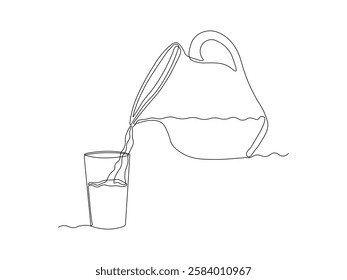 Abstract jug, pitcher for milk, water,juice, pour into a glass, continuous single one line art hand drawing sketch logo