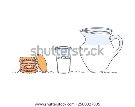 Abstract jug, pitcher for milk, water,juice and stack of cookies with cream, dessert for breakfast, continuous single one line art hand drawing sketch logo