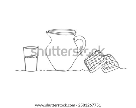 Abstract jug, pitcher for milk, water,juice and Viennese waffles, dessert for breakfast, continuous single one line art hand drawing sketch logo