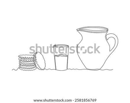 Abstract jug, pitcher for milk, water,juice and stack of cookies with cream, dessert for breakfast, continuous single one line art hand drawing sketch logo