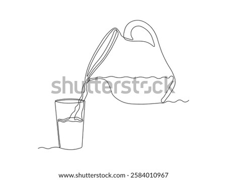 Abstract jug, pitcher for milk, water,juice, pour into a glass, continuous single one line art hand drawing sketch logo