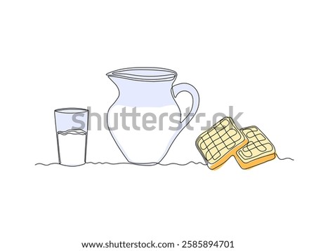 Abstract jug, pitcher for milk, water,juice and Viennese waffles, dessert for breakfast, continuous single one line art hand drawing sketch logo