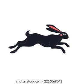 Abstract jumping black rabbit with red cheeks and eyes. Chinese New Year 2023 symbol. Easter bunny black silhouette, mystic hare, astrological, botanical, esoteric. Hand drawn vector illustration.