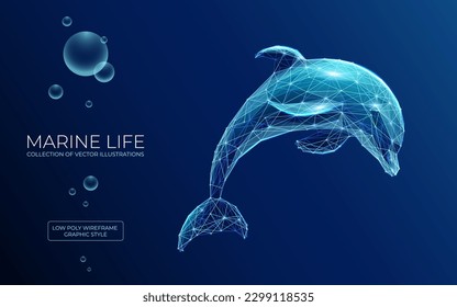 Abstract jumping dolphin in polygons on technology blue background. Low poly wireframe marine life concept. Polygonal 3D vector illustration.