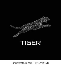 Abstract jumping tiger illustration in black background, leopard, panther wild life logo, animal dots artwork .vector