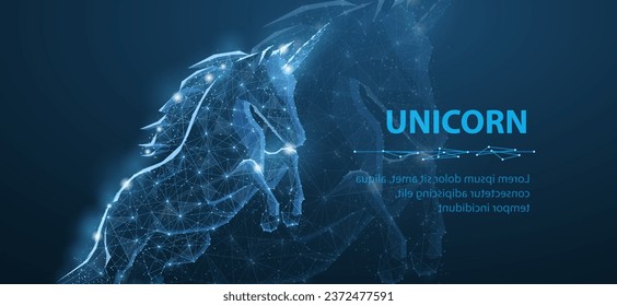 Abstract jumping unicorn. Venture investment, digital business, background magic symbol, unicorn startup, dream animal, technology start, nature freedom, venture startup concept. Mystery wallpaper.