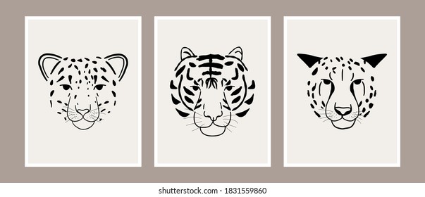 Abstract jungle animal Leopard, tiger and cheetah head print art collection. Hand drawn vector illustration.