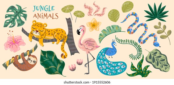 Abstract jungle background. Animals tiger, sloth, stork, peacock, snake, flamingo, heron, spots leaves, objects and textures. Hand-drawn artwork for poster greeting card. Cartoon vector illustration