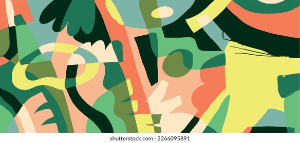 Abstract jungle background. Green banner with plants and hand drawn shapes. Colorful vector illustration. Doodle art. Artistic composition with leaves, palms and creepers. camouflage patterns. Forest.