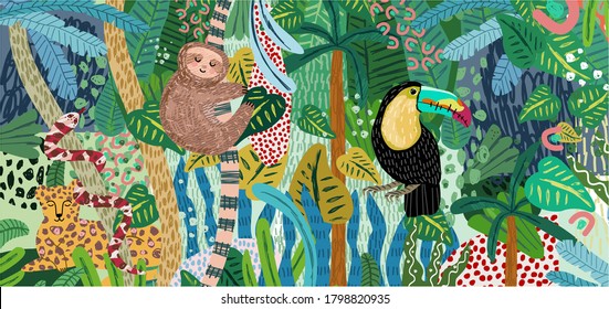 Abstract jungle background! Vector illustrations of animals (sloth, snake, leopard, parrot toucan), leaves, spots, objects and textures. Hand-drawn art for poster or card 
