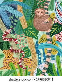 ¡Resumen del fondo de la jungla! Ilustraciones vectoriales de animales (pereza, serpiente, leopardo), hojas, puntos, objetos y texturas. Arte de mano para afiches, boletines o tarjetas 
