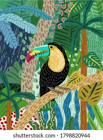 Abstract jungle background! Vector illustrations of parrot toucan, palm, leaves, trees, spots, objects and textures. Hand-drawn art for poster or card 
