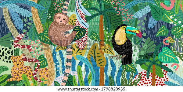 Abstract jungle\
background! Vector illustrations of animals (sloth, snake, leopard,\
parrot toucan), leaves, spots, objects and textures. Hand-drawn art\
for poster or card \
