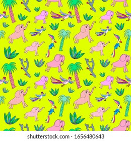 Abstract jungle with elephants, birds, palm and cacti. Seamless pattern. 
 Vector illustration. 