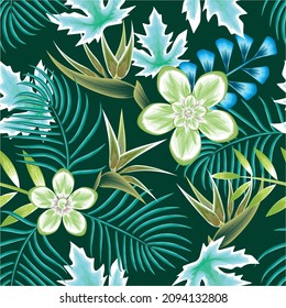 Abstract jungle illustration seamless pattern with tropical leaves and frangipani flowers plants foliage on dark background. Vector design. Jungle print. Floral background. Exotic wallpaper. Summer 