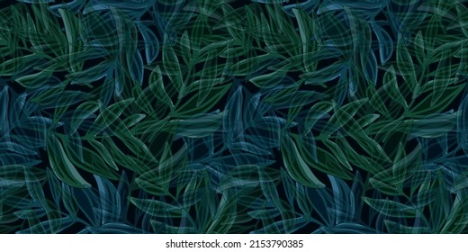 Abstract jungle leaf seamless pattern on black background. Tropical vector pattern, palm leaves seamless. Botanical floral banner. Exotic plant backdrop. Design for fabric, textile, wrapping, cover.