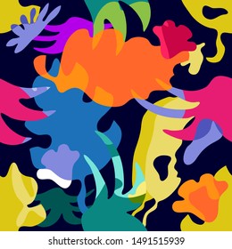 Abstract jungle painting. Seamless vector pattern with geometric palm leaves and tropical flowers. Summer swimwear textile collection. Colorful on dark.