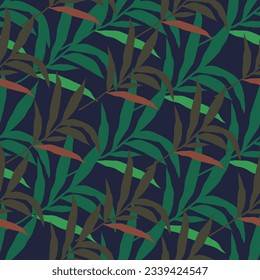 Resumen de la hoja de palma de la jungla sin costuras. Papel pintado de hojas de palma tropicales estilizadas. Diseño para imprenta, textil, tela, moda, interior, papel envolvente. Ilustración del vector